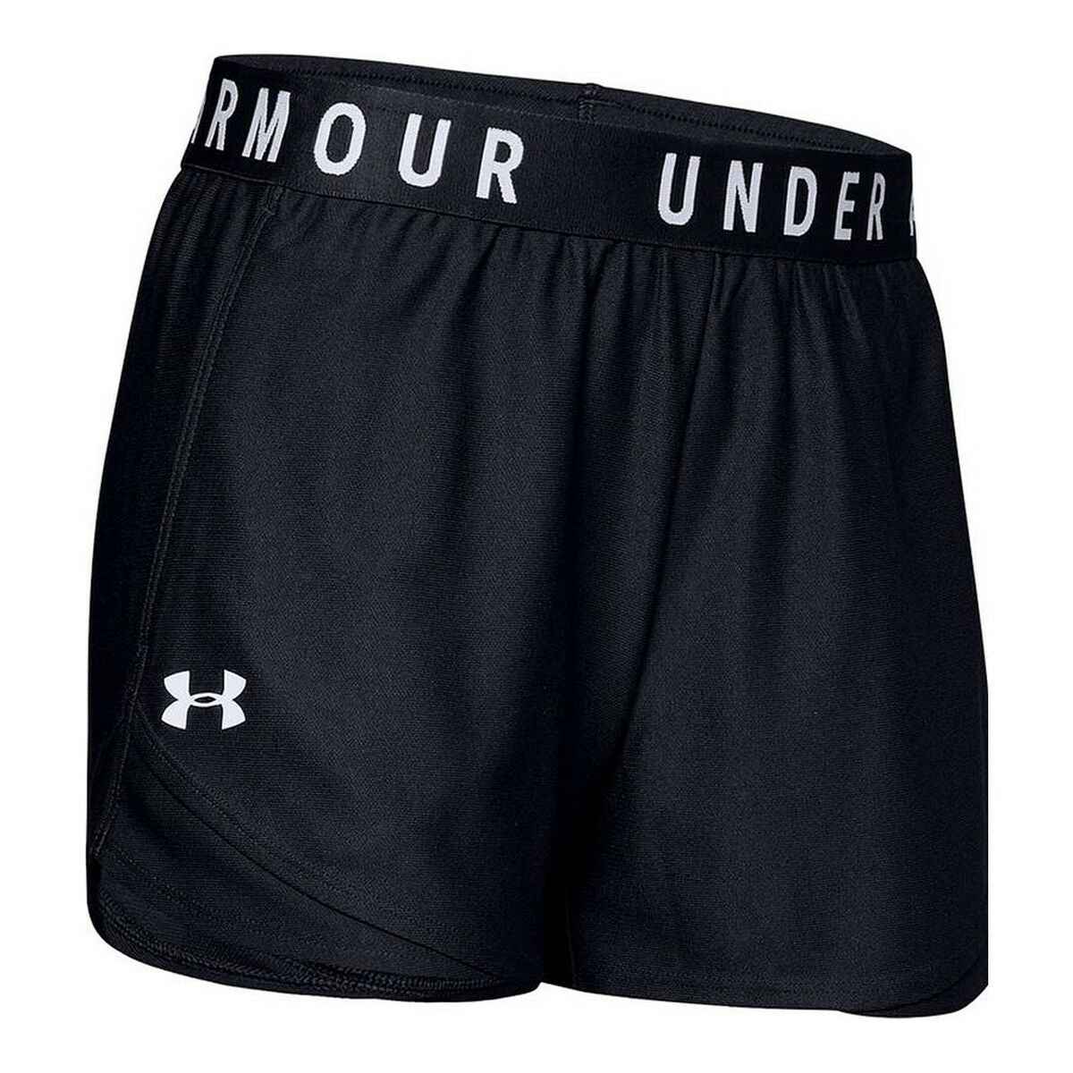 Black women's Under Armour shorts with white logo on left thigh and elastic waistband.
