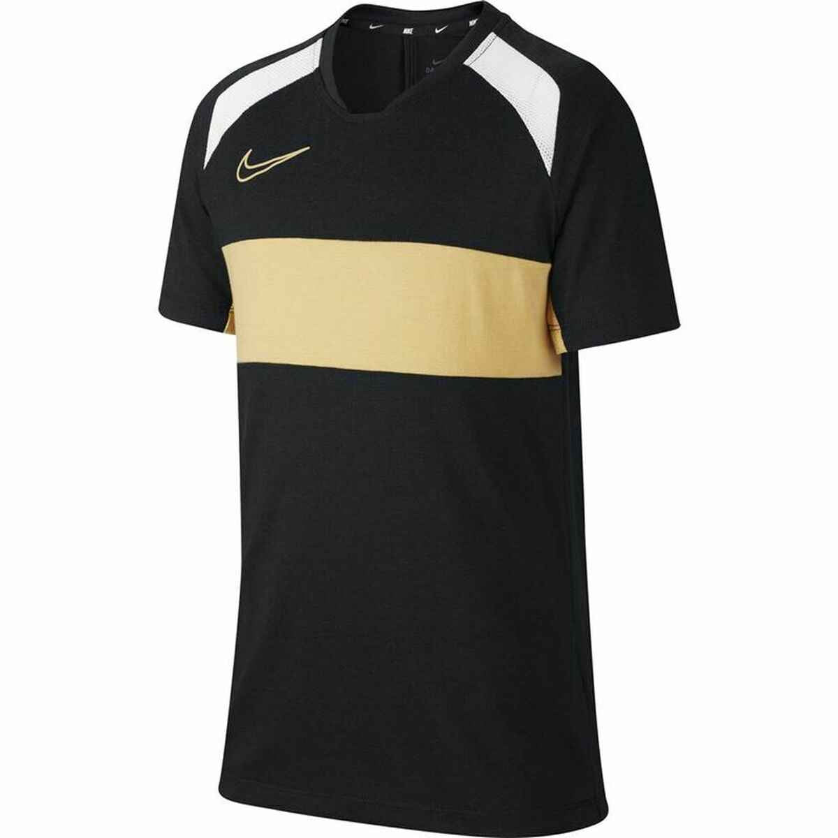 Black Nike sports jersey with gold horizontal stripe and white shoulder panels