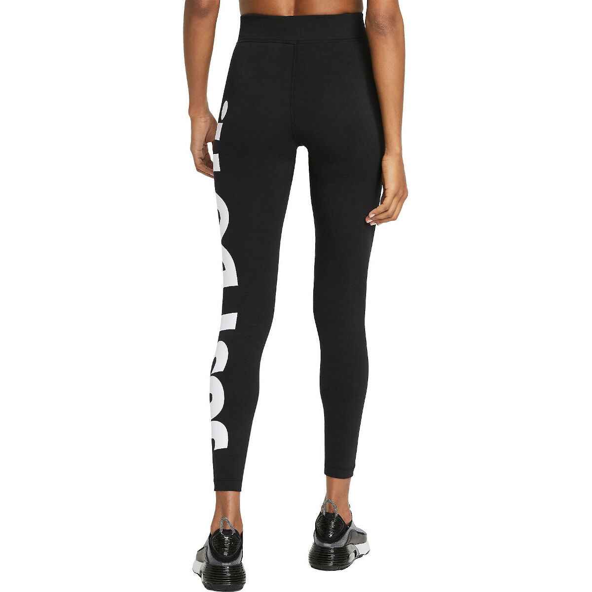 Women's Nike CZ8534 010 sport leggings in black, size S, 100% cotton, back view.