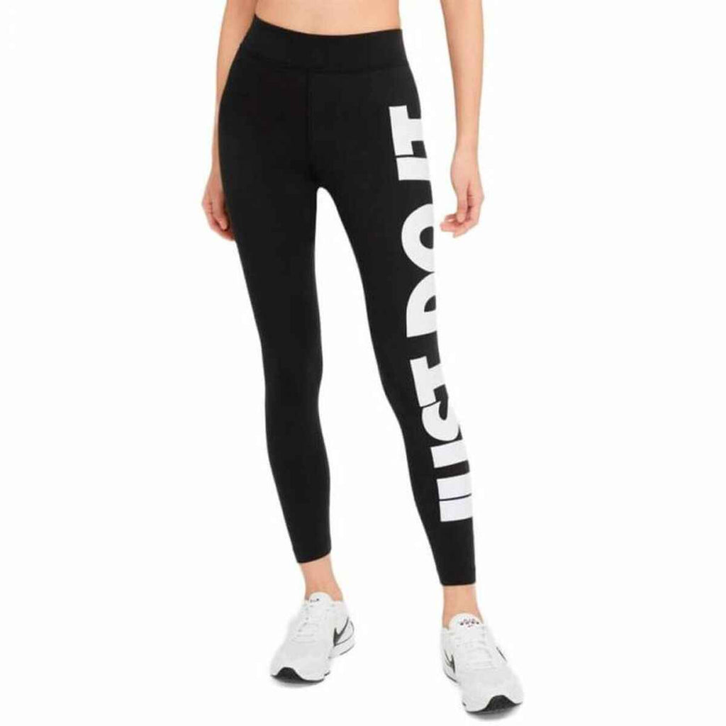 Black Nike women's sport leggings CZ8534 010 with bold white logo down the leg.