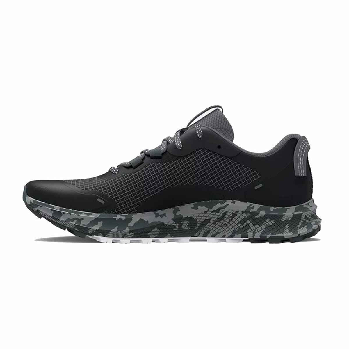 Black Under Armour Charged Bandit men's running shoe with grey accents and camo-patterned midsole.