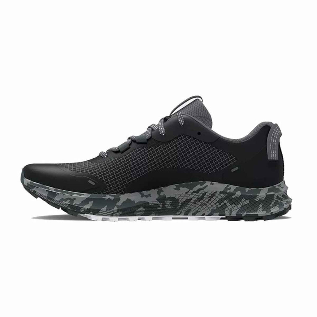 Under Armour Charged Bandit men's running shoe in black with dark gray accents, side view.