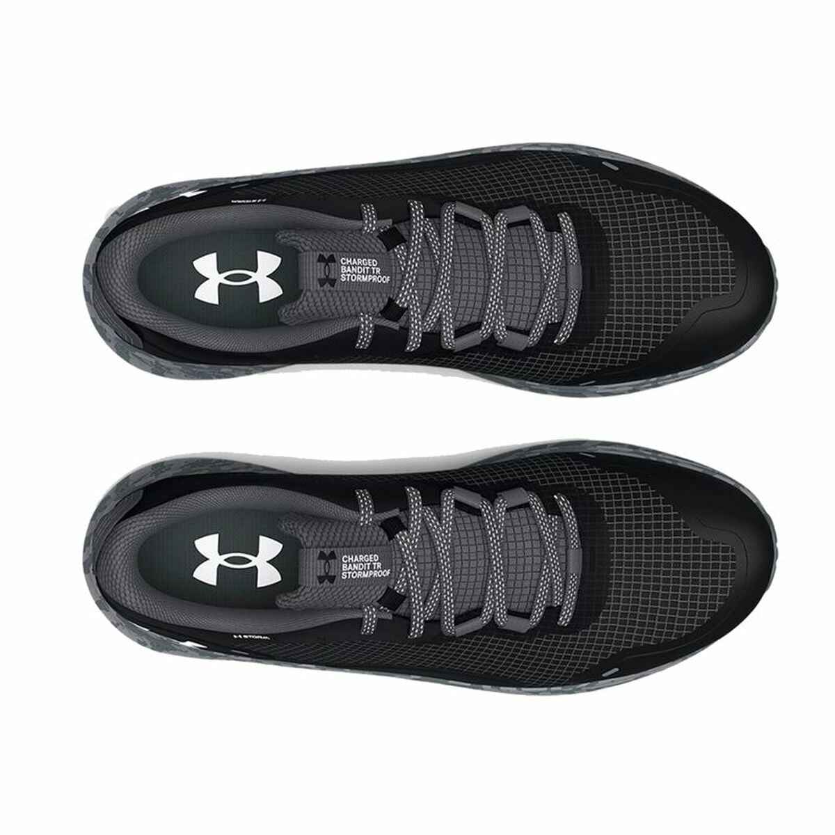 Top view of a pair of black Under Armour Charged Bandit running shoes for men with dark grey accents.