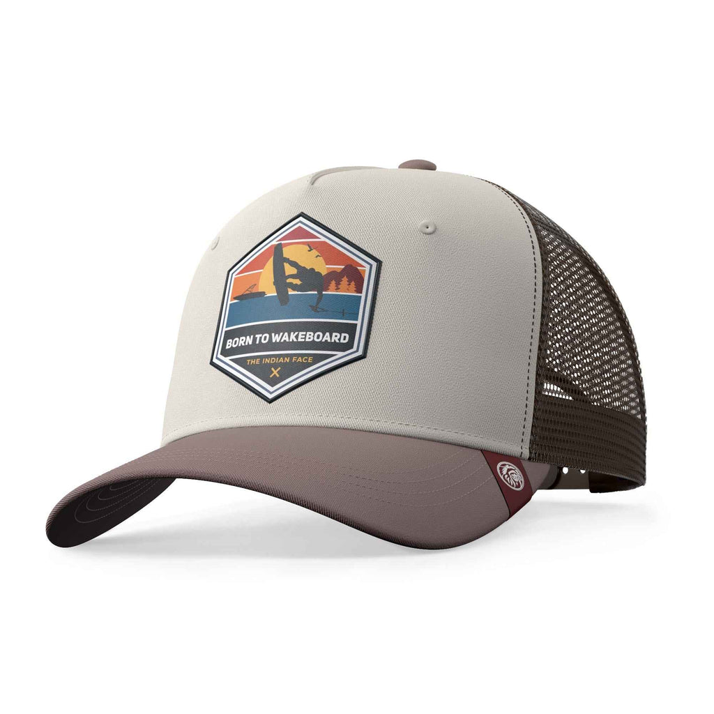 Born to Wakeboard brown/grey trucker hat with The Indian Face patch and sunset wakeboard graphic.