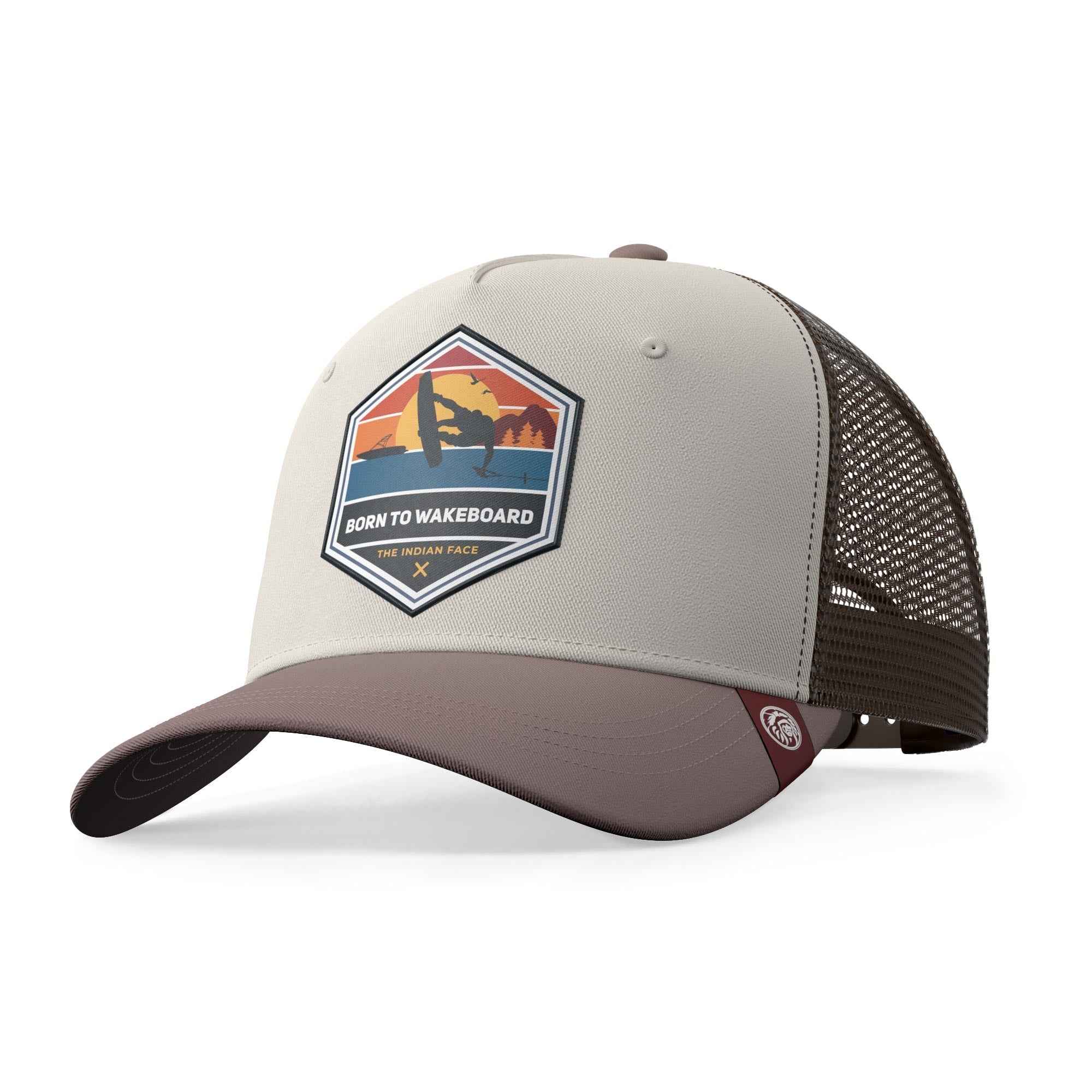 Born to Wakeboard brown/grey trucker hat with The Indian Face patch and sunset wakeboard graphic.