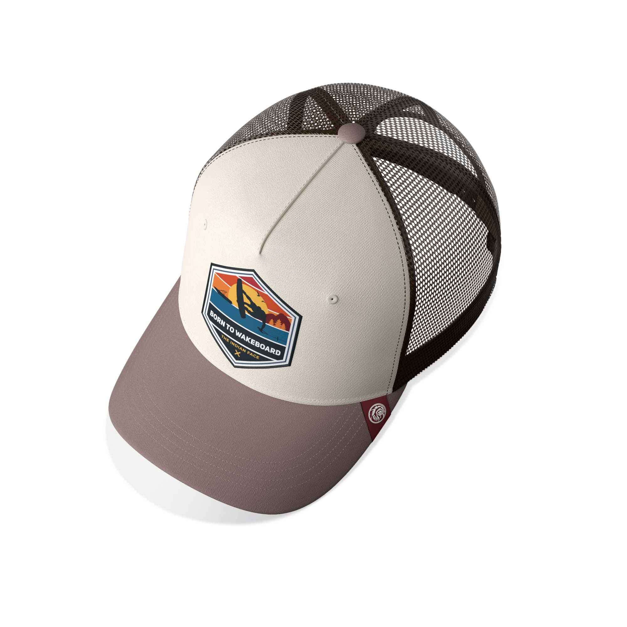 Born to Wakeboard brown/grey trucker cap with patch, beige front panels, brown curved visor, black mesh back.