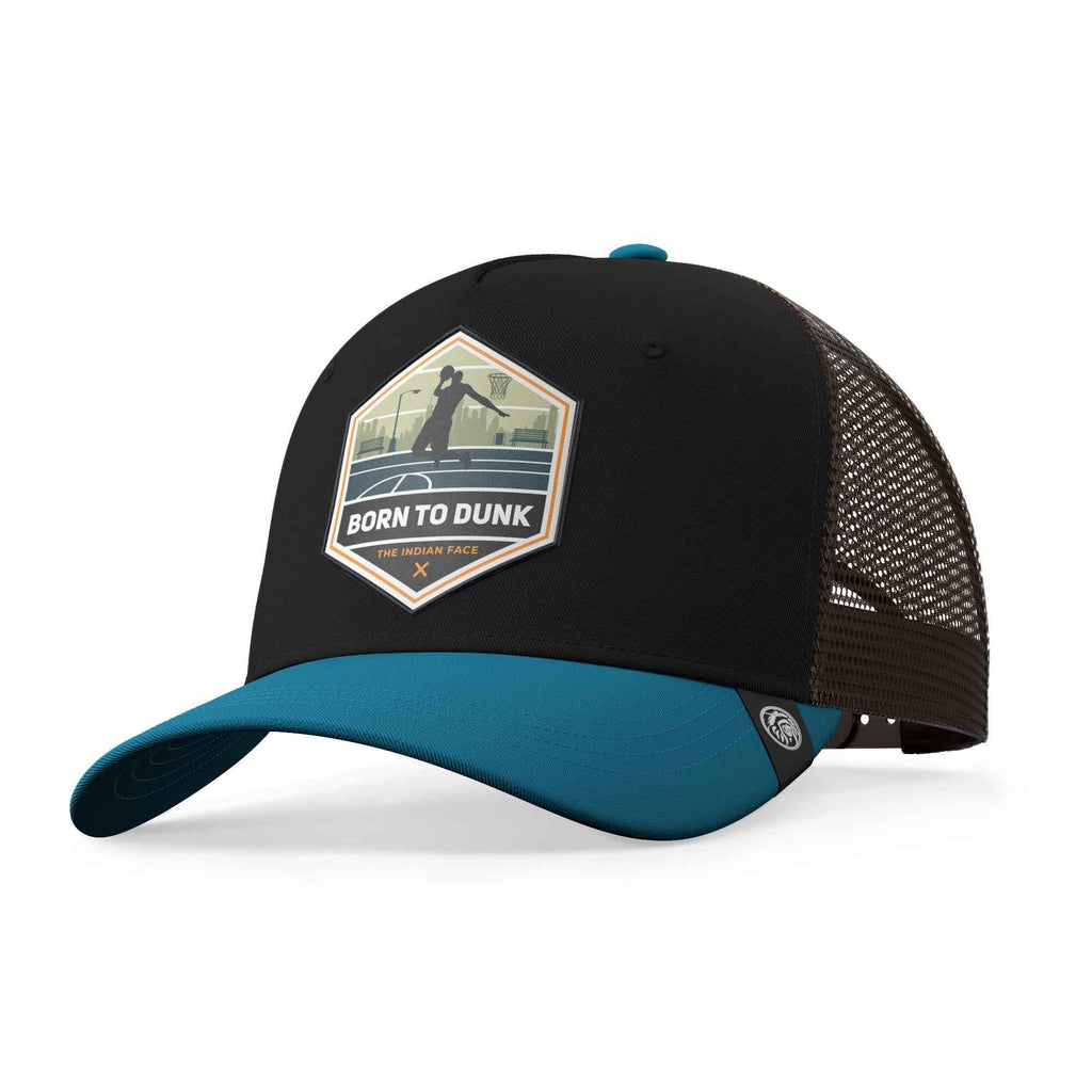 Born to Dunk Brown/Blue cap: black front panel, blue curved brim, brown mesh back with hex patch.