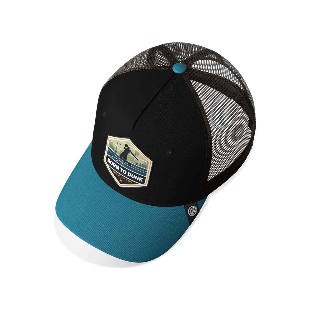 Born to Dunk trucker cap with brown mesh back, black crown, teal blue brim