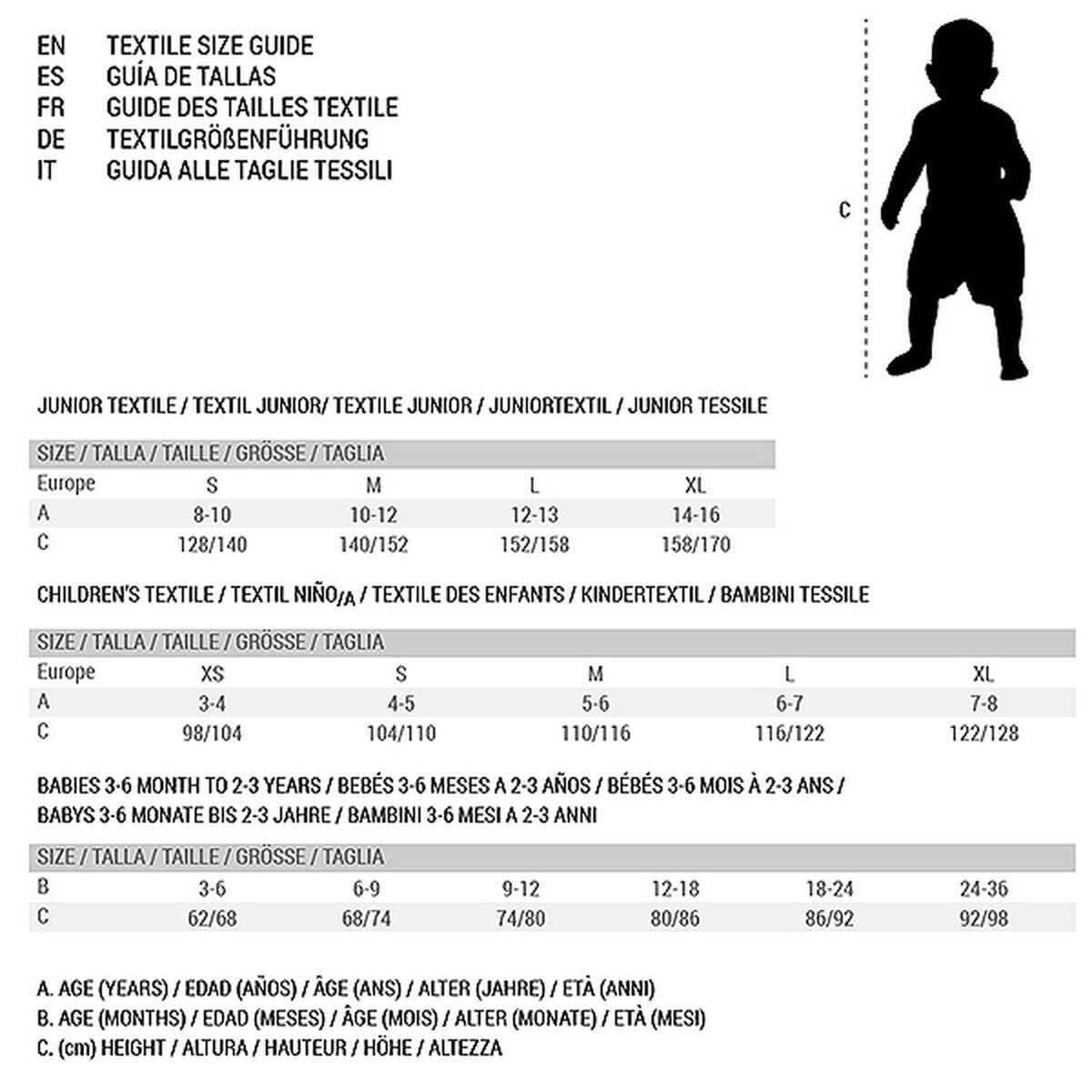 Junior and children's textile size guide in multiple languages with age, height, and Europe size charts