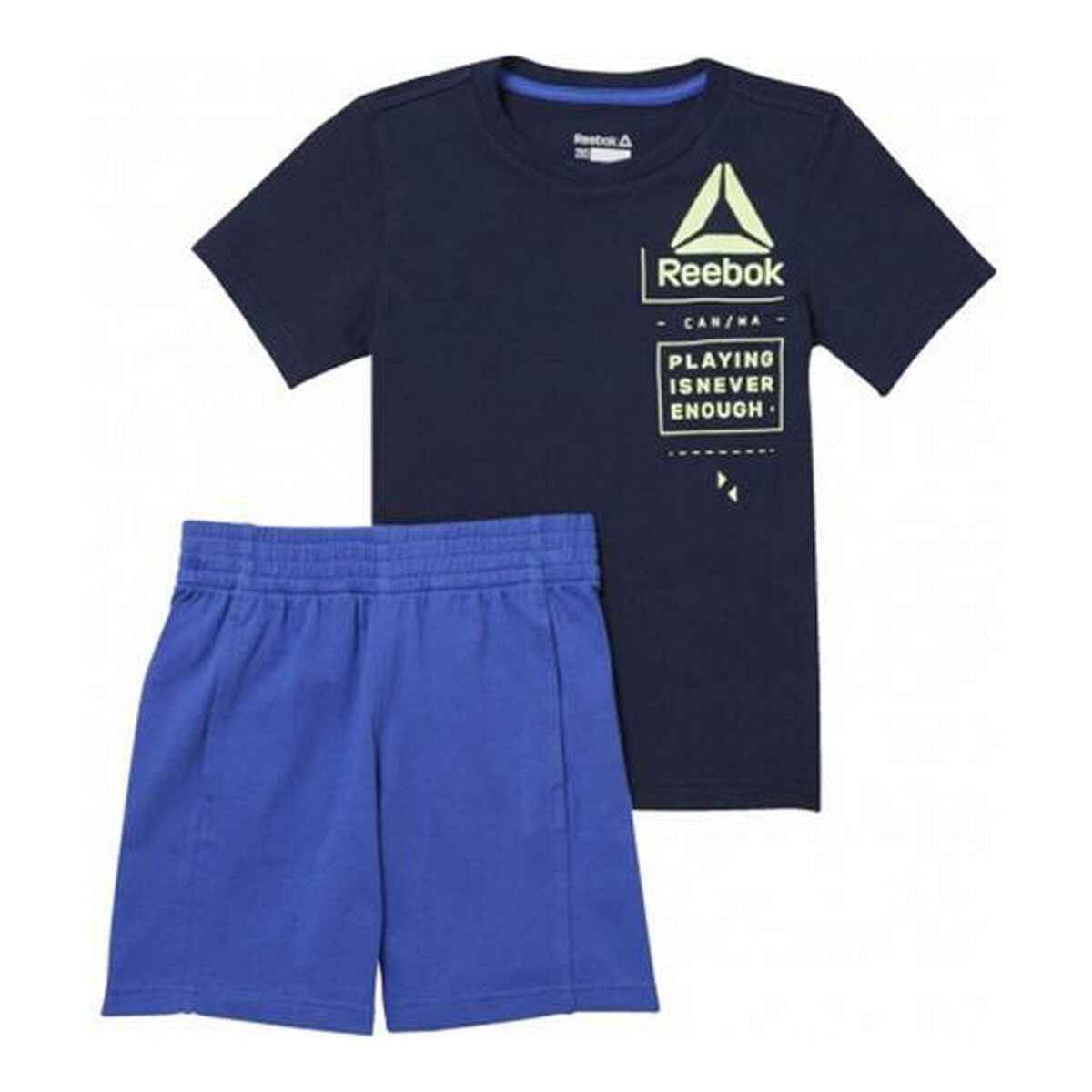 Children's navy sports outfit: navy T-shirt with Reebok logo and graphic, paired with blue shorts.