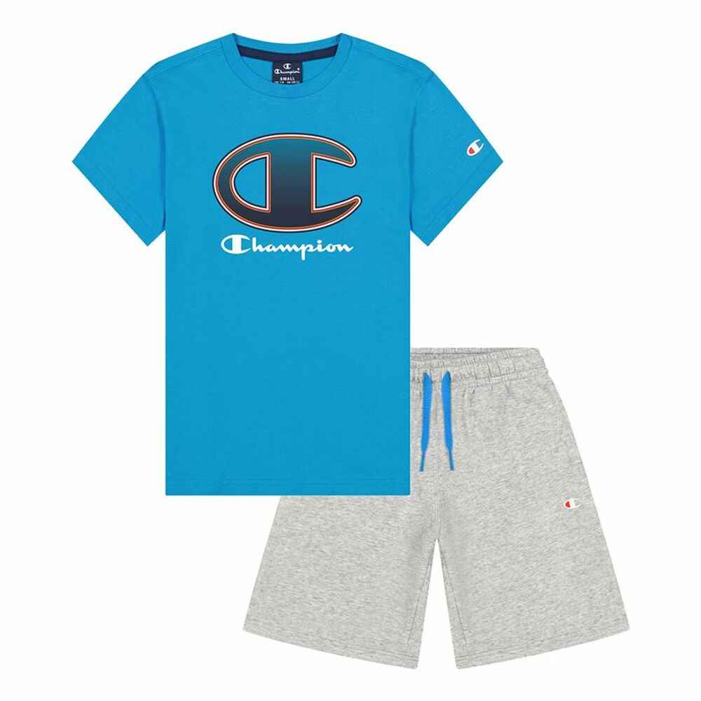 Champion kids blue logo t-shirt and gray shorts with blue drawstring sportswear set