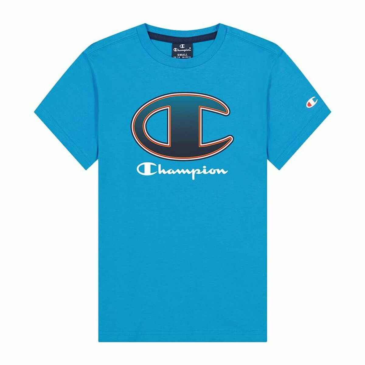 Bright blue Champion t-shirt with large black and orange outlined logo and white script on front