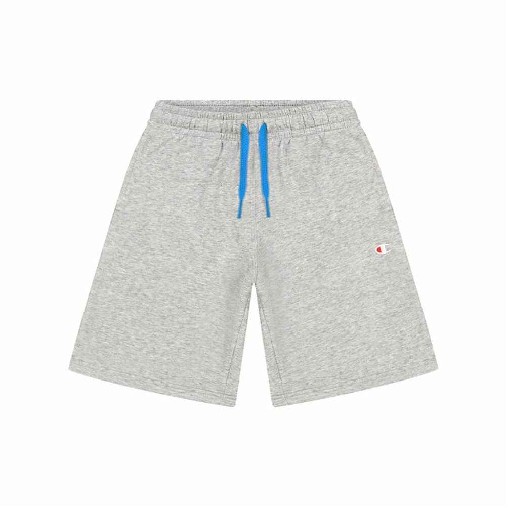 Light gray Champion athletic shorts with blue drawstring and elastic waistband