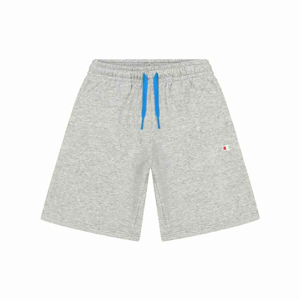 Grey Champion athletic shorts with blue drawstring and logo on white background