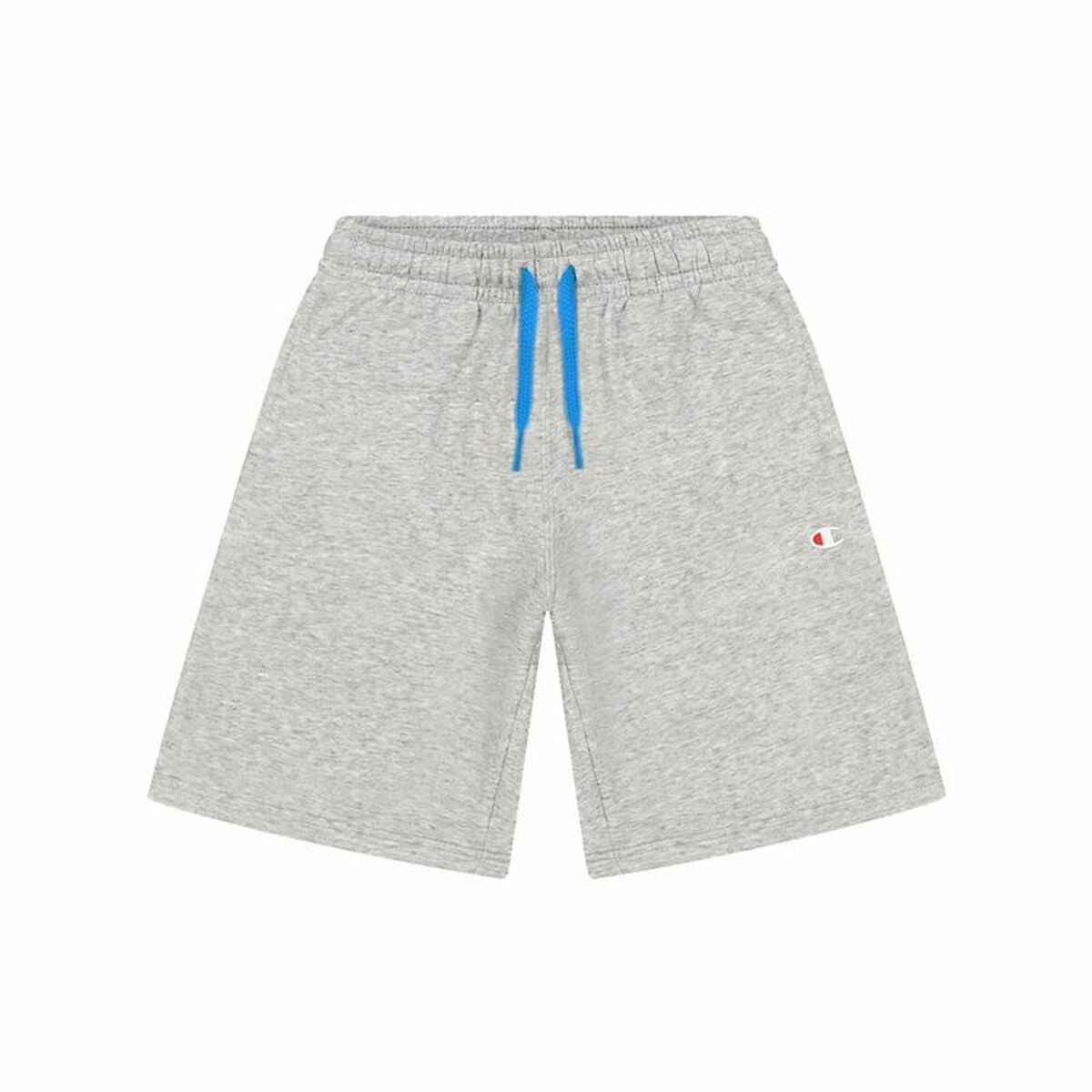 Gray Champion brand athletic shorts with blue drawstring on white background