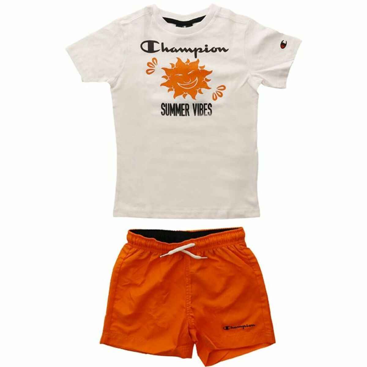 Children's Sports Outfit Champion: white tee with orange sun graphic and Summer Vibes paired with orange shorts.
