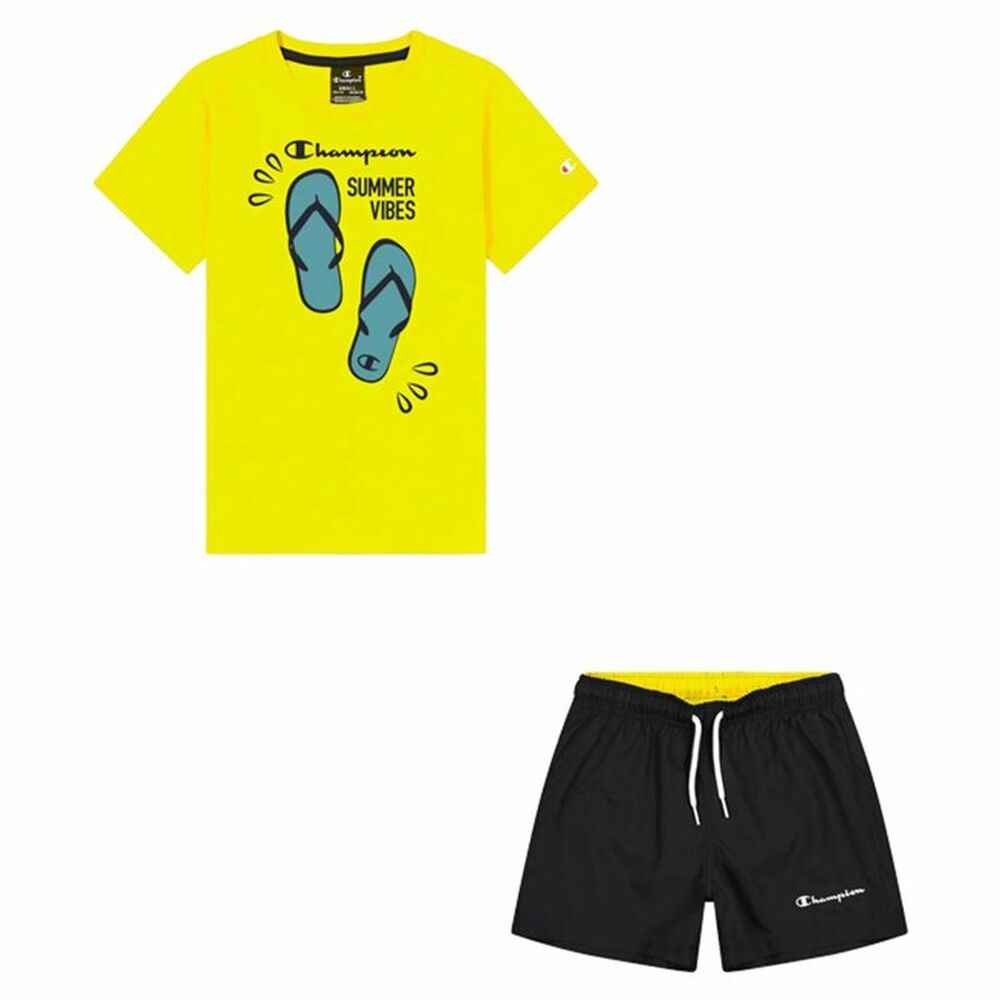 Champion yellow T-shirt with flip flop print and black shorts with drawstring summer outfit