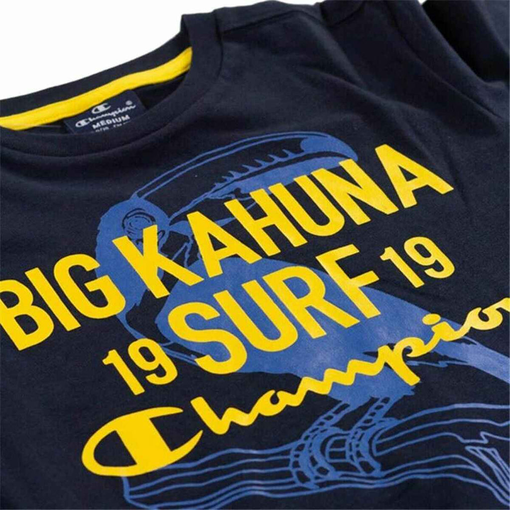 Navy blue Champion t-shirt with yellow Big Kahuna Surf 19 print and blue water graphic