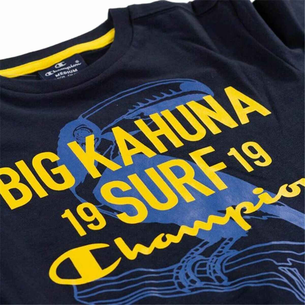 Navy blue Champion t-shirt with yellow Big Kahuna Surf 19 print and blue water graphic