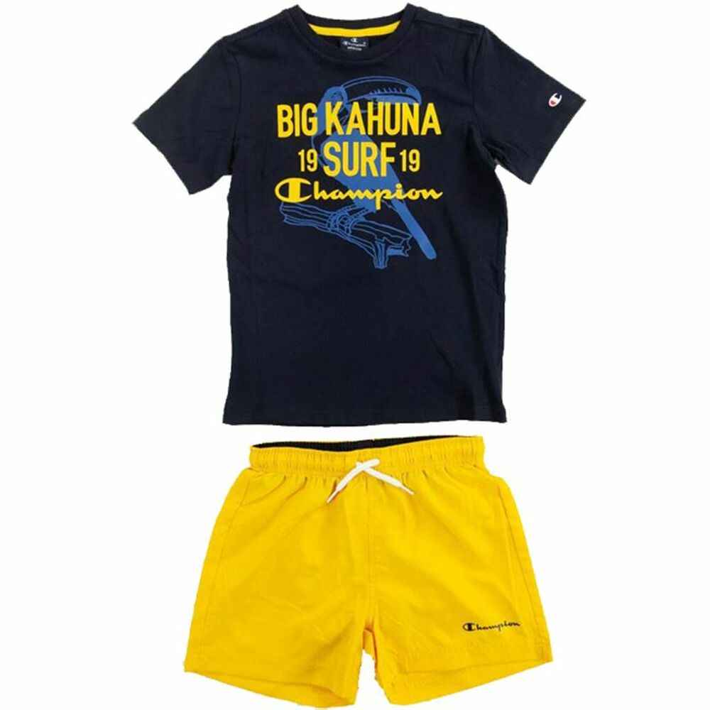 Black Champion T-shirt with yellow "Big Kahuna Surf" text and blue surfboard graphic, paired with yellow Champion shorts