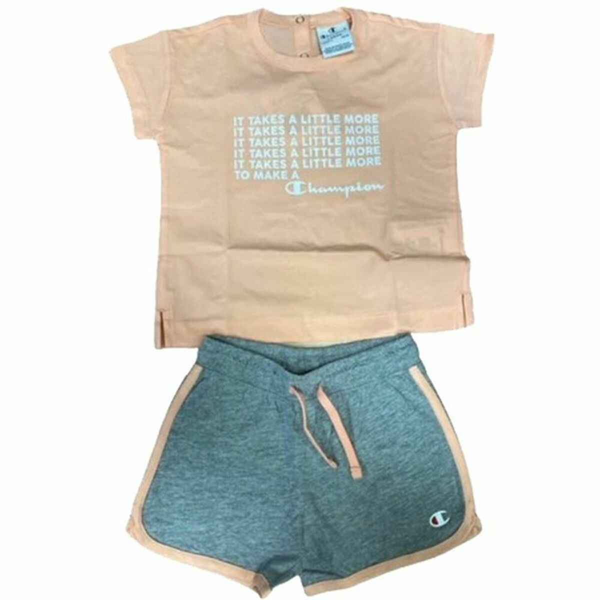Children's Champion outfit with peach T-shirt and blue shorts featuring drawstring and logo