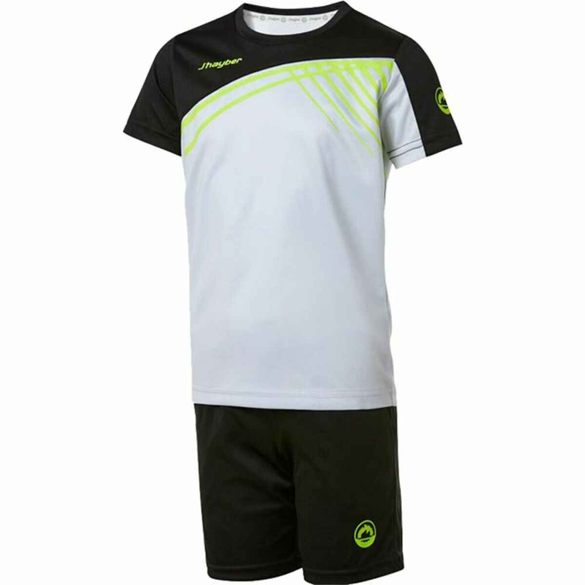 Black and white sportswear set with neon yellow accents, short-sleeve shirt and shorts