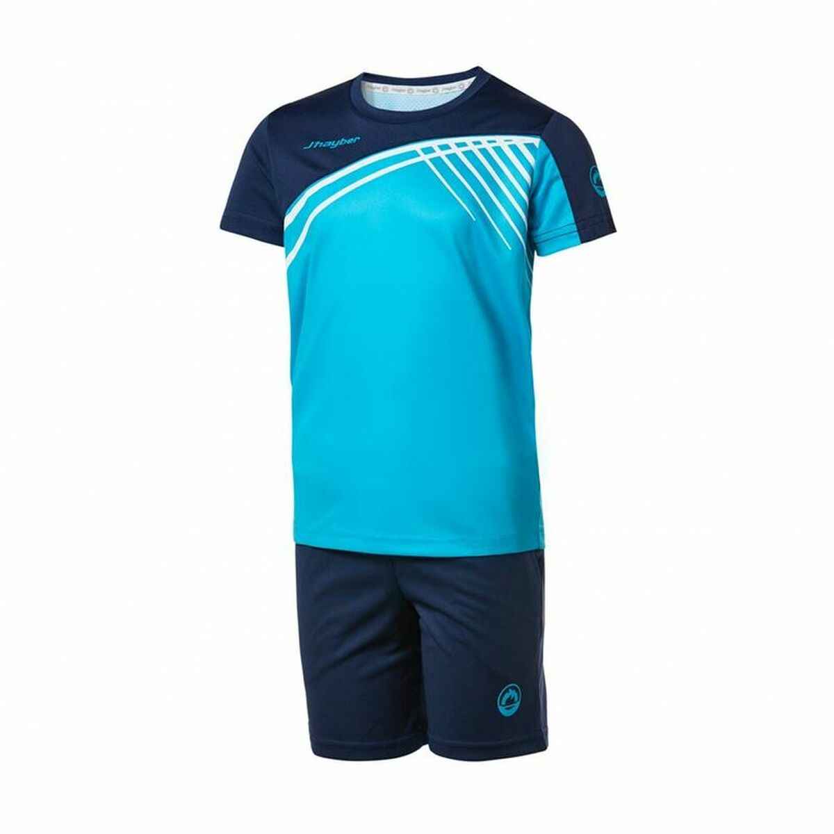 Men's blue and navy sportswear set with short sleeve top featuring white stripe design and matching shorts