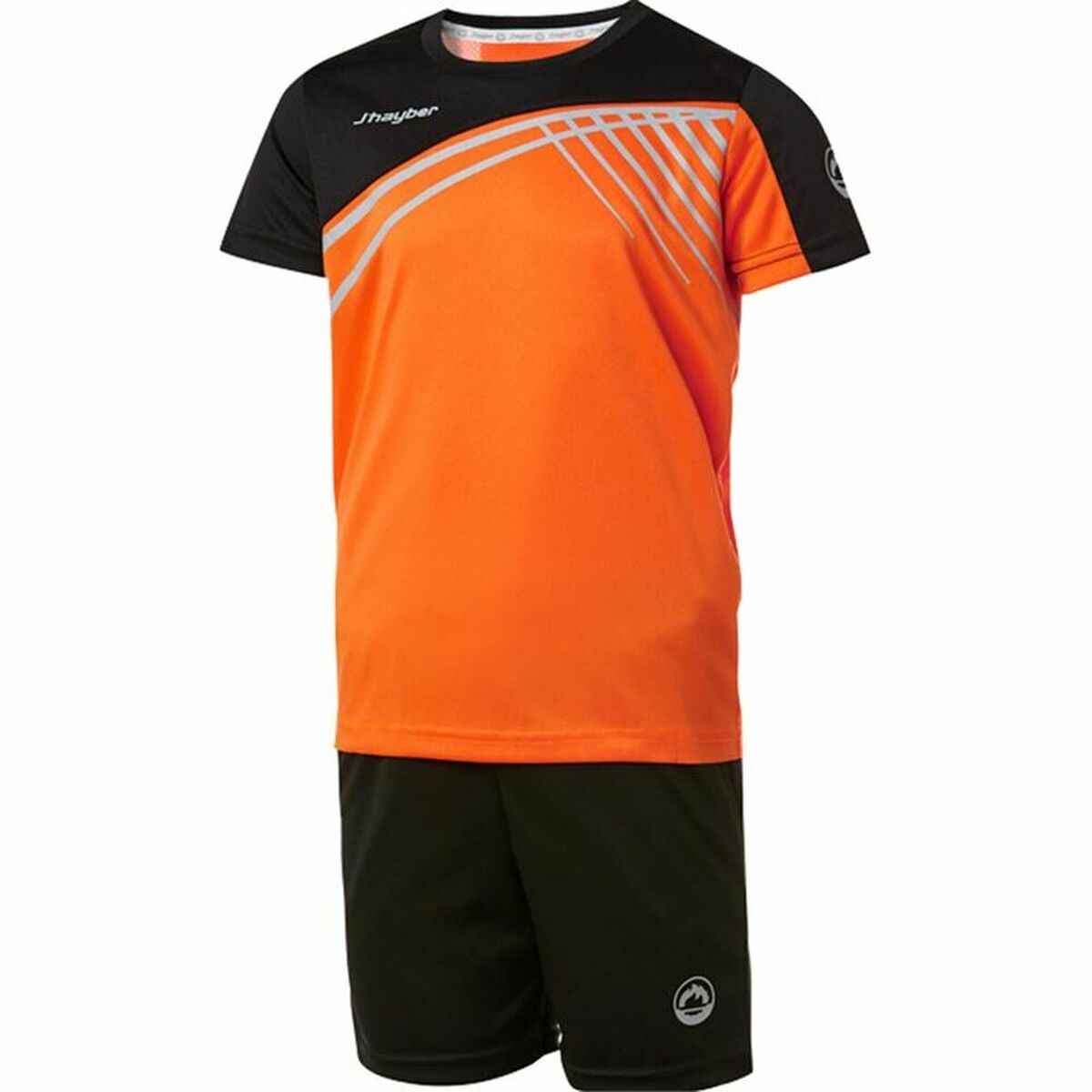 Orange and black sports jersey with gray stripes paired with black athletic shorts