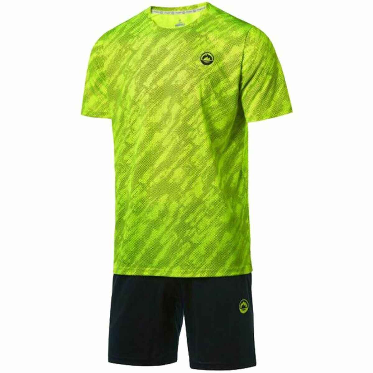 Men's neon green patterned athletic t-shirt with black sports shorts, both with circular logo