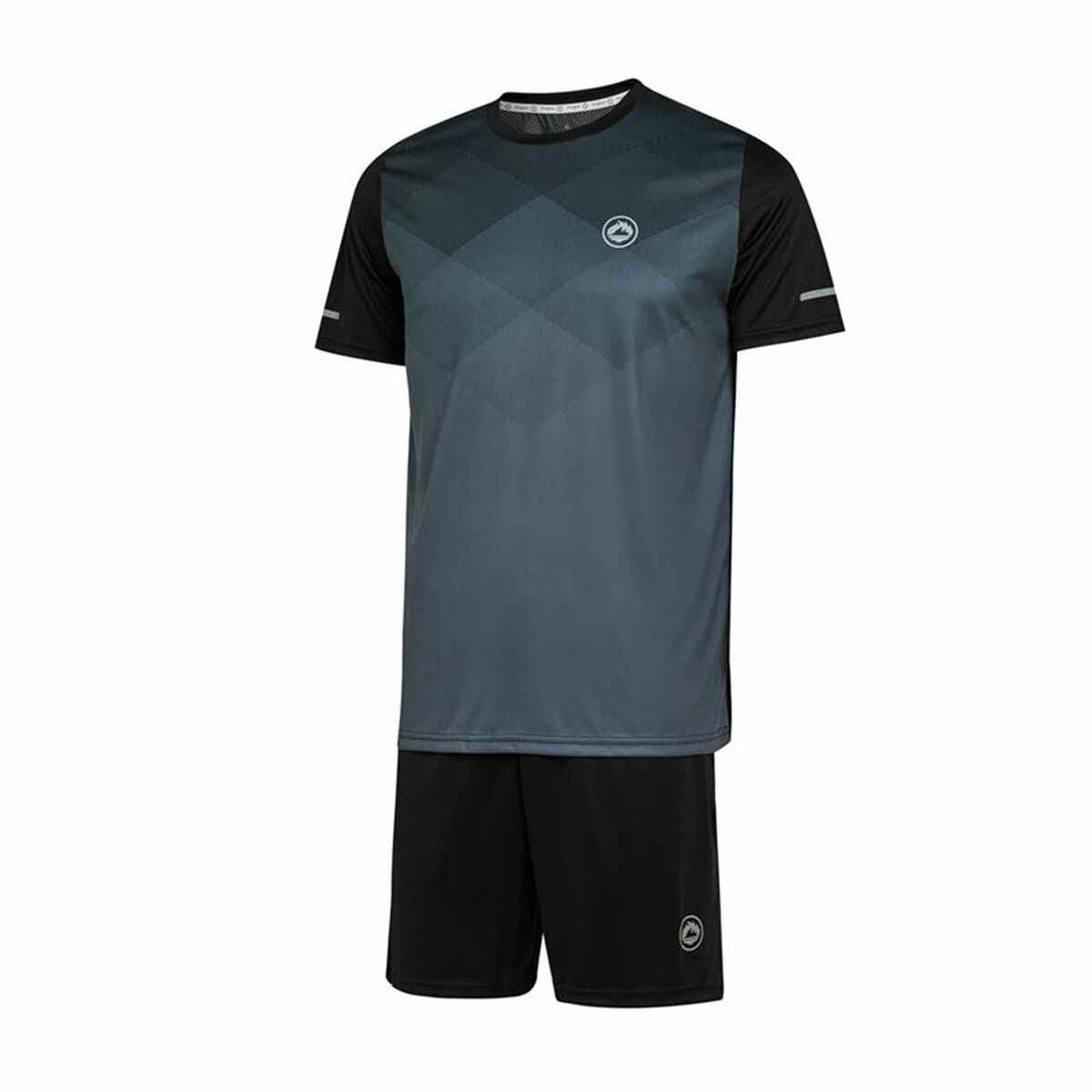 Men's two-tone black and dark gray athletic T-shirt and shorts set with mountain logo