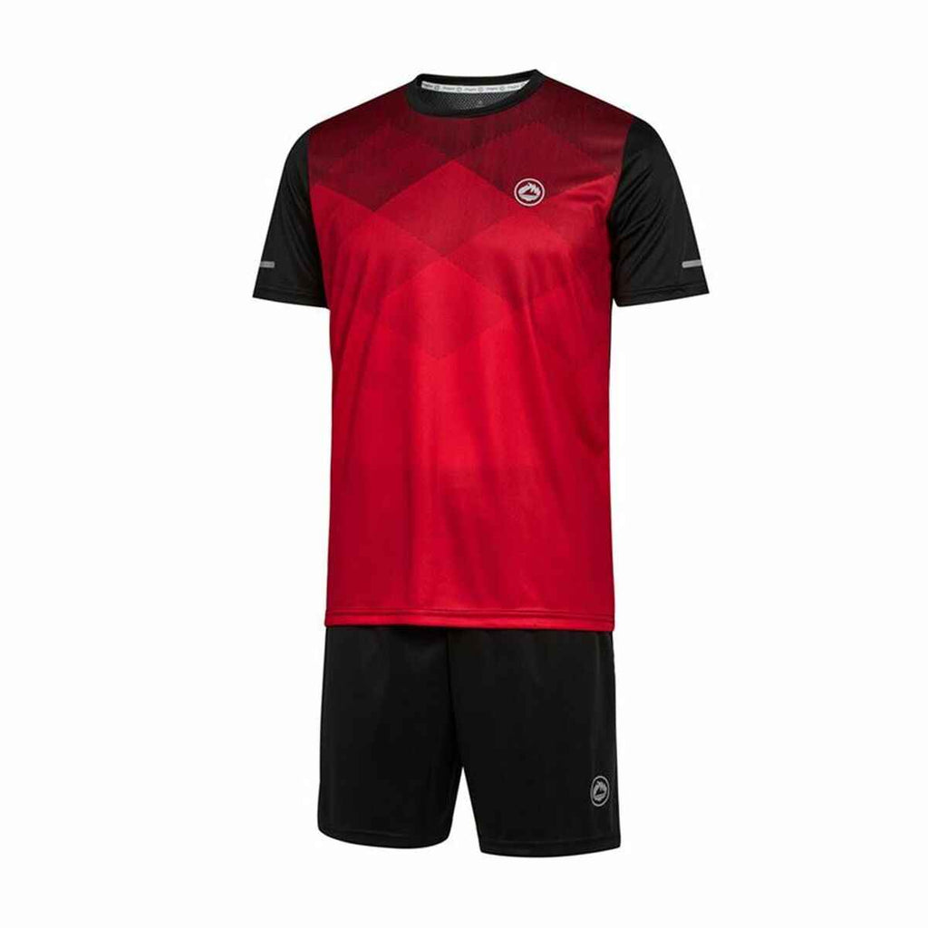 Red and black short sleeve sports jersey and black athletic shorts set with logo