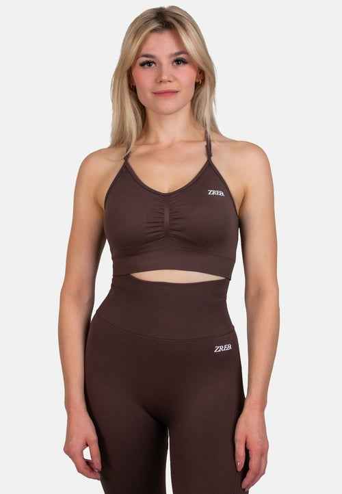 Brown Shape Seamless Sports Bra with removable pads and adjustable straps, paired with matching high-waisted leggings.