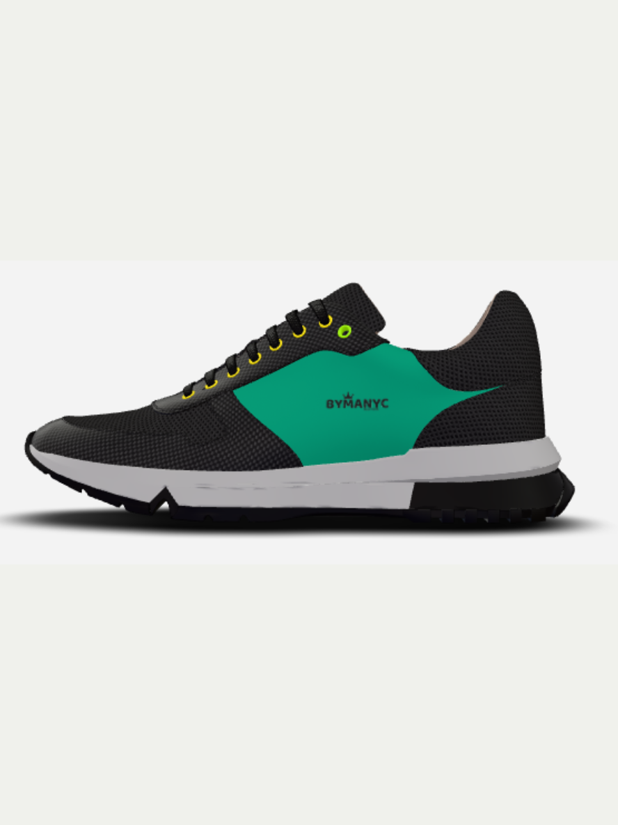 Black and green BYMANYC sneaker with yellow eyelets and white sole on white background