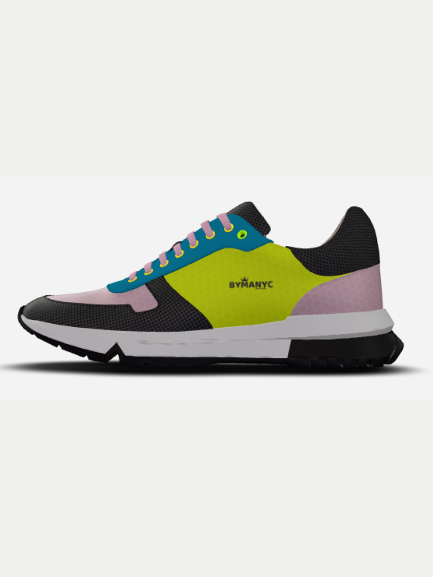 BYMANYC multicolor running shoe with black, green, blue, and pink design on white background